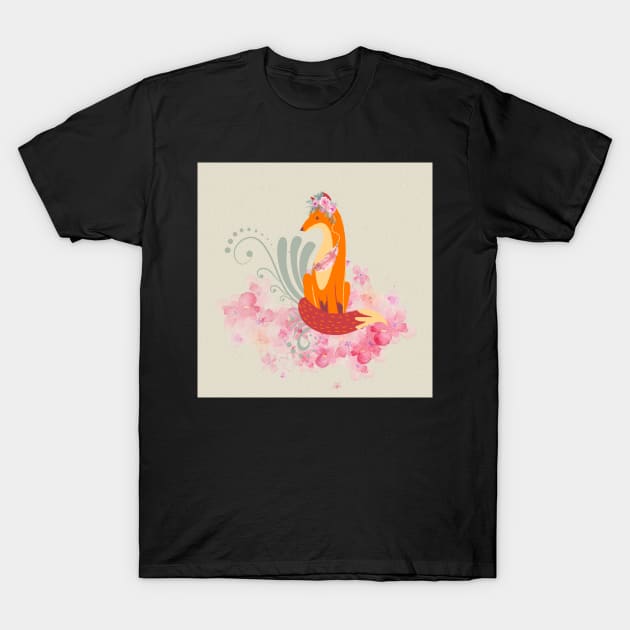 Beltane Watercolor Fox Feather Floral T-Shirt by Holisticfox